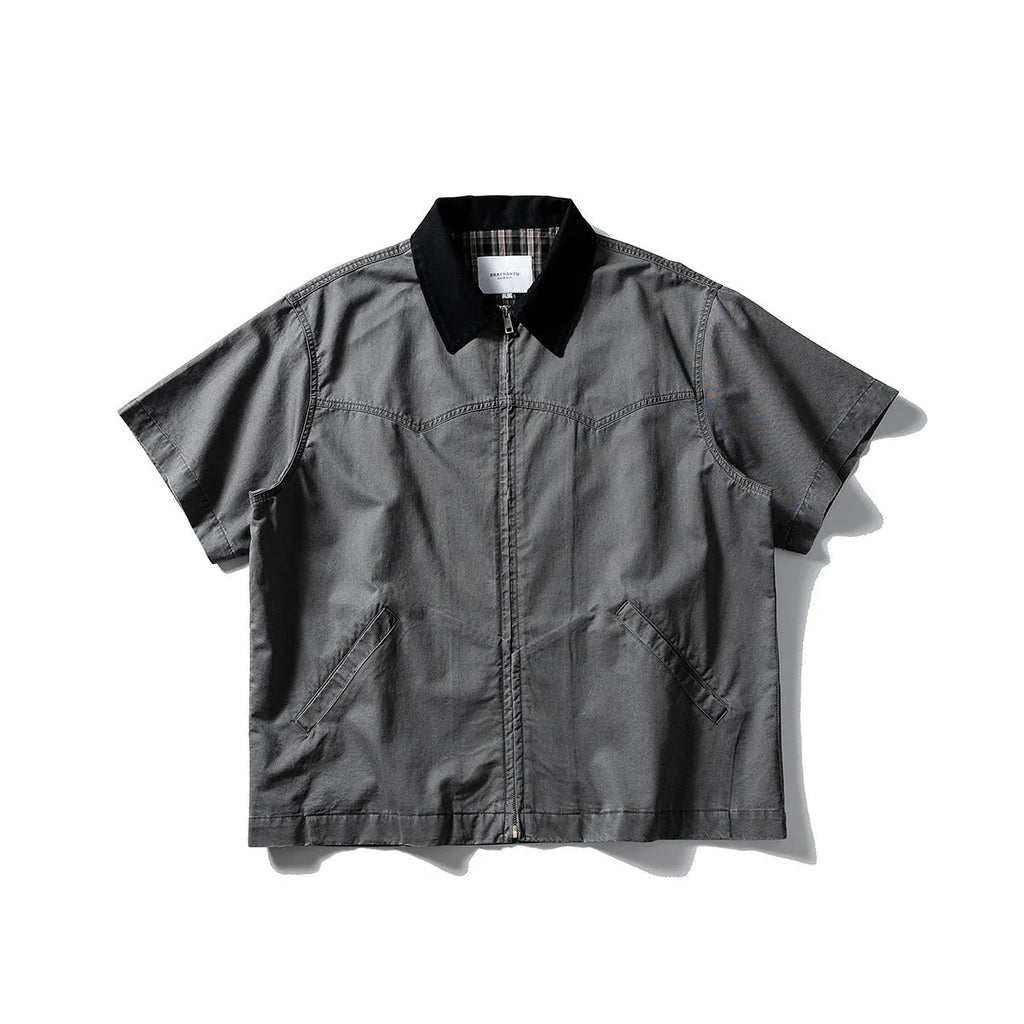 Short sleeve washed cotton overalls shirt in loose cardigan style, khaki colour, on hanger