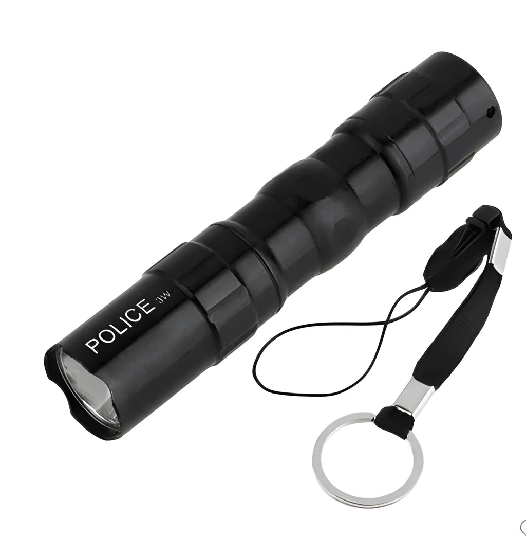 Black aluminium LED mini flashlight with compact design showing 9.5cm length