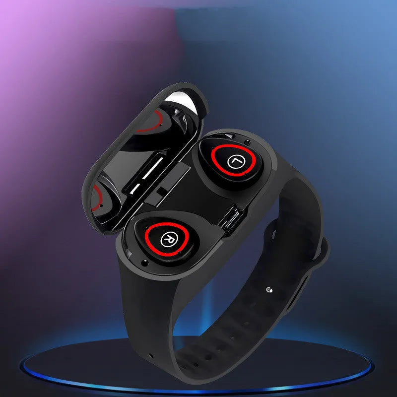 Blue smart bracelet with Bluetooth earphone combo showing 1-inch screen on silicone wristband
