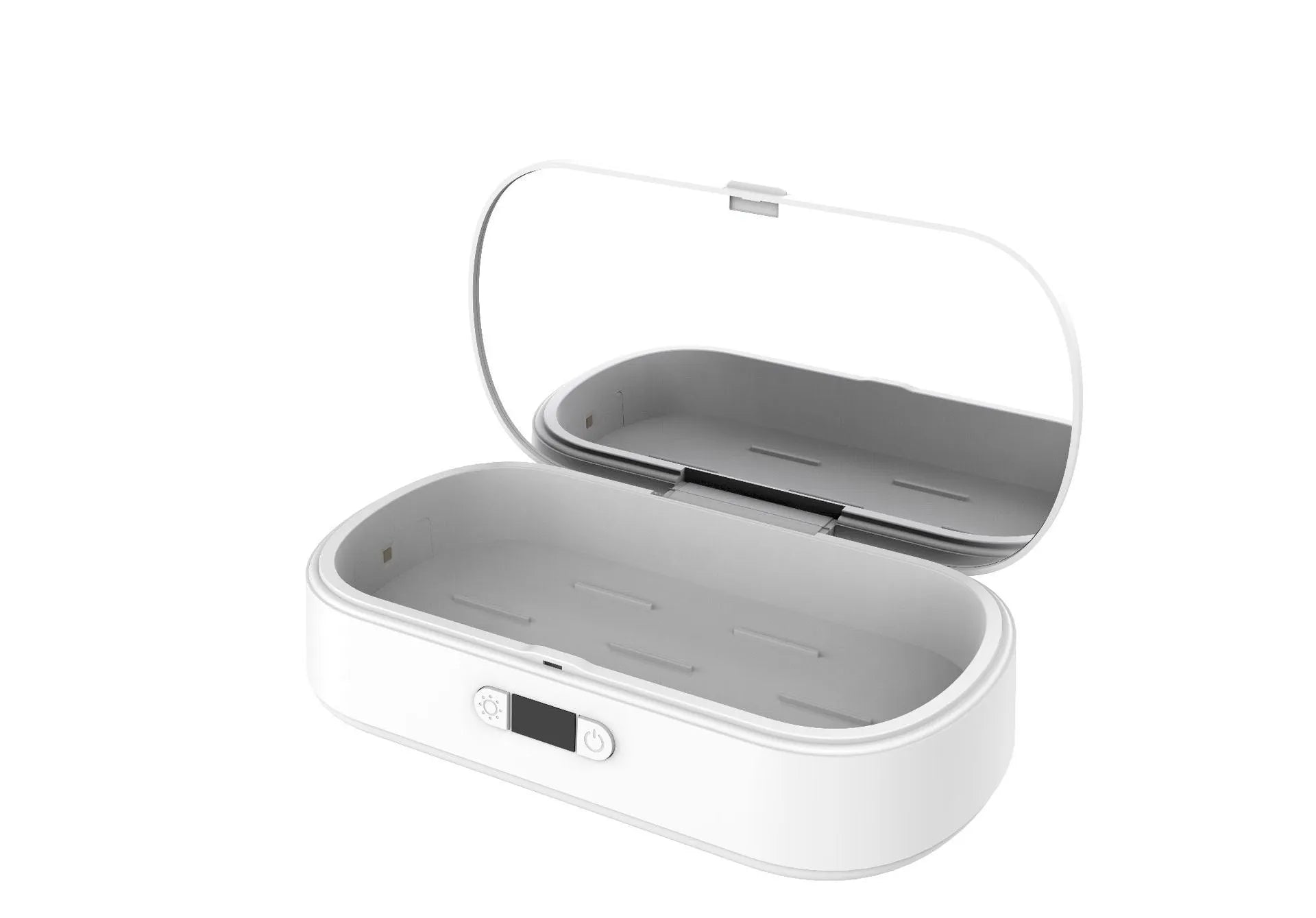 White ABS wireless UV steriliser and charging box with display showing dimensions and phone inside.