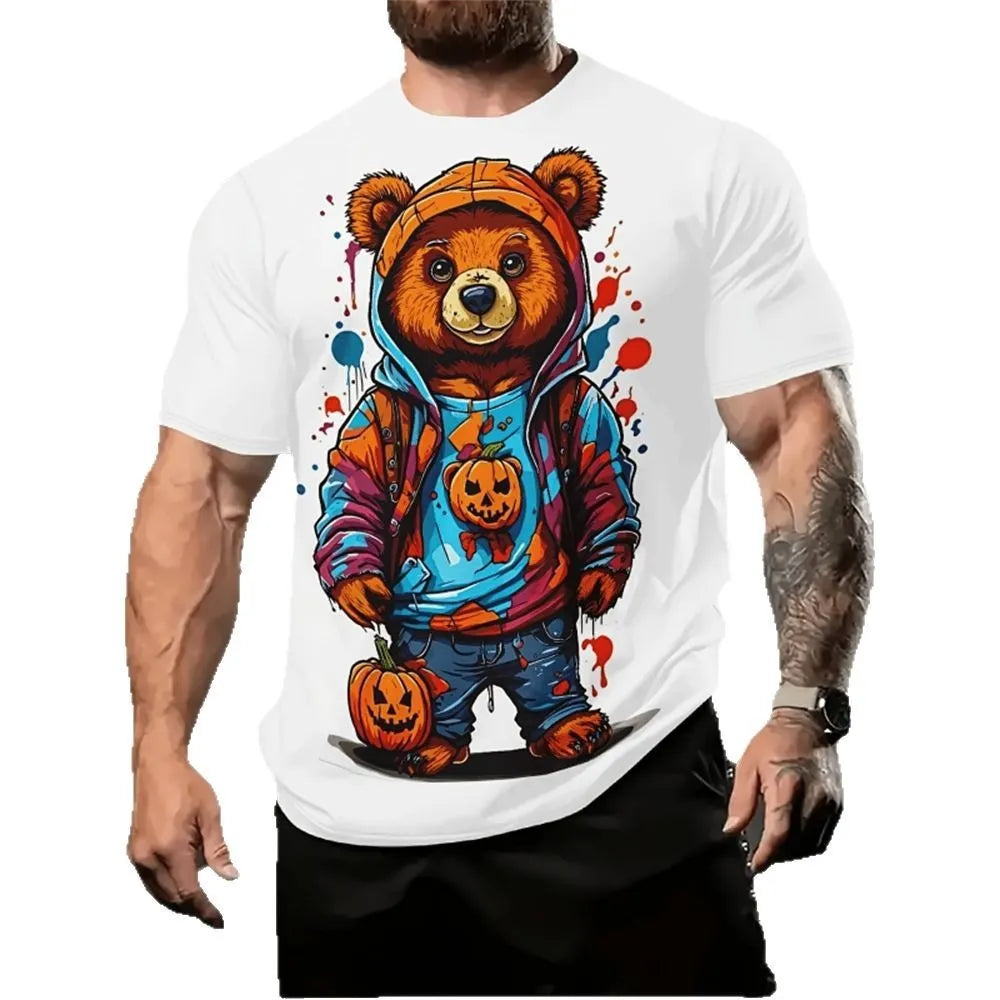 Men's casual loose shirt with cartoon 3D print design, short sleeves, pullover style