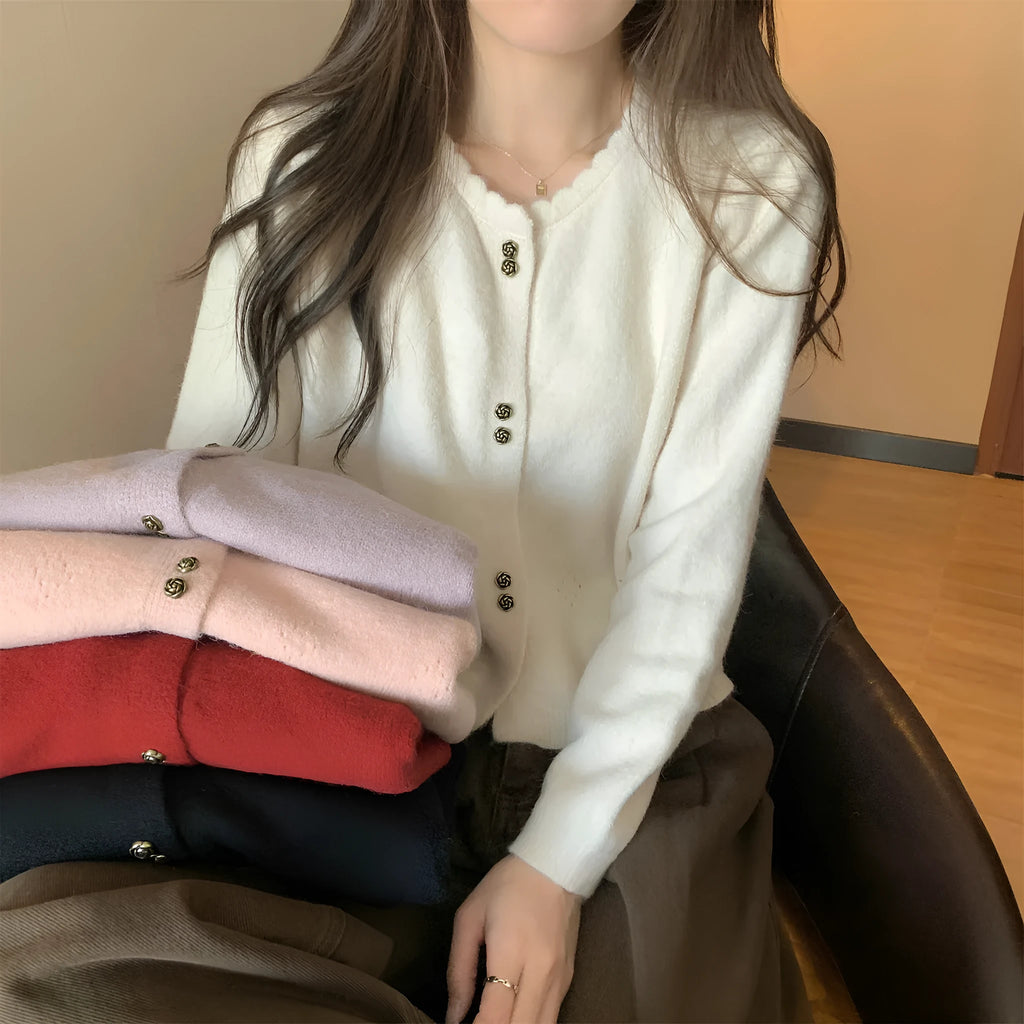 Women's long-sleeved acrylic fibre cardigan in milky white, shown open-front as a free-size layering piece.