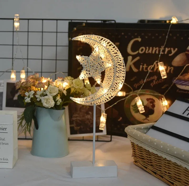 Rattan woven LED table lamp in star, heart, and moon shapes for bedroom decoration
