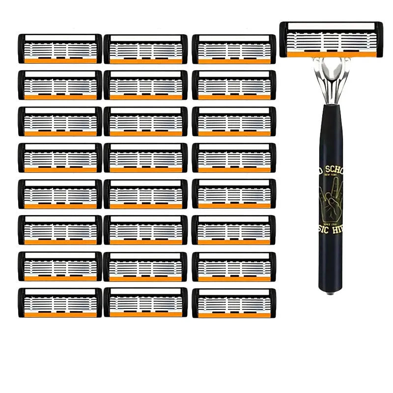 Black six-layer finger grip manual shaver handle with a set of metal cutting blades.