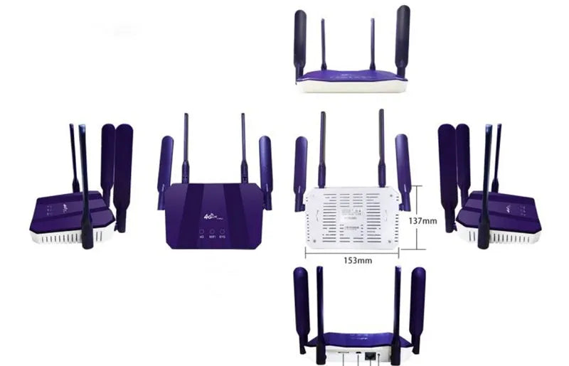 Blue 4G and wired dual-mode router with four extended antennas, showing front panel indicators.
