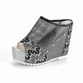 Korean chunky heel platform flip-flops with hollowed-out design and mesh upper in black, silver, and gold colours.