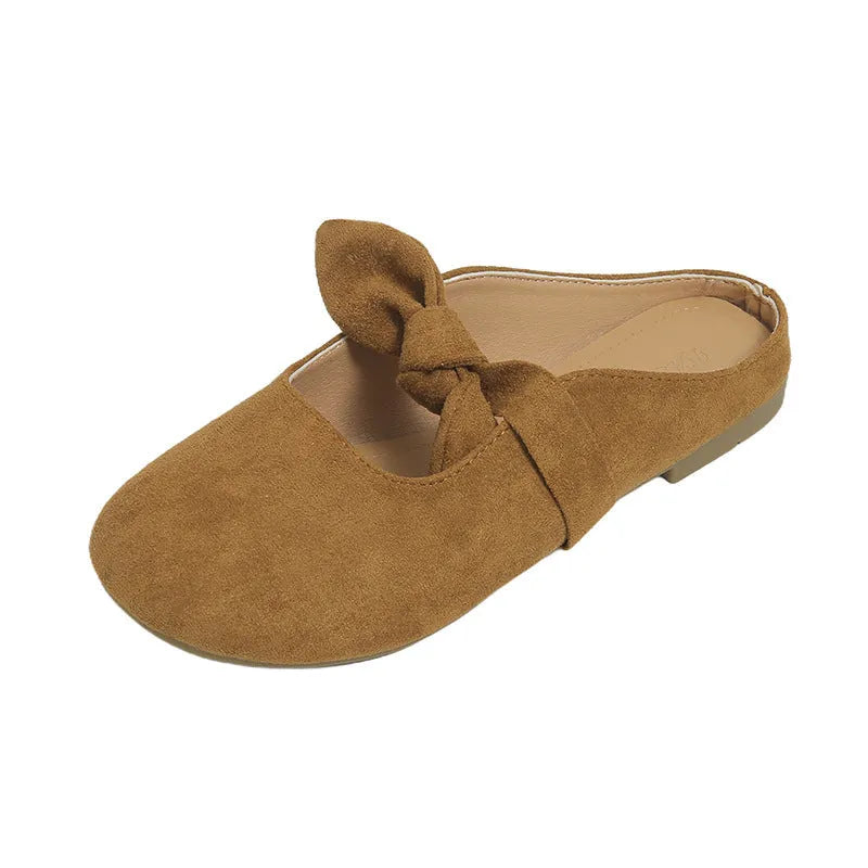 Plus size women's bow toe half slippers in artificial PU, rubber sole, apricot colour, sizes 35-43
