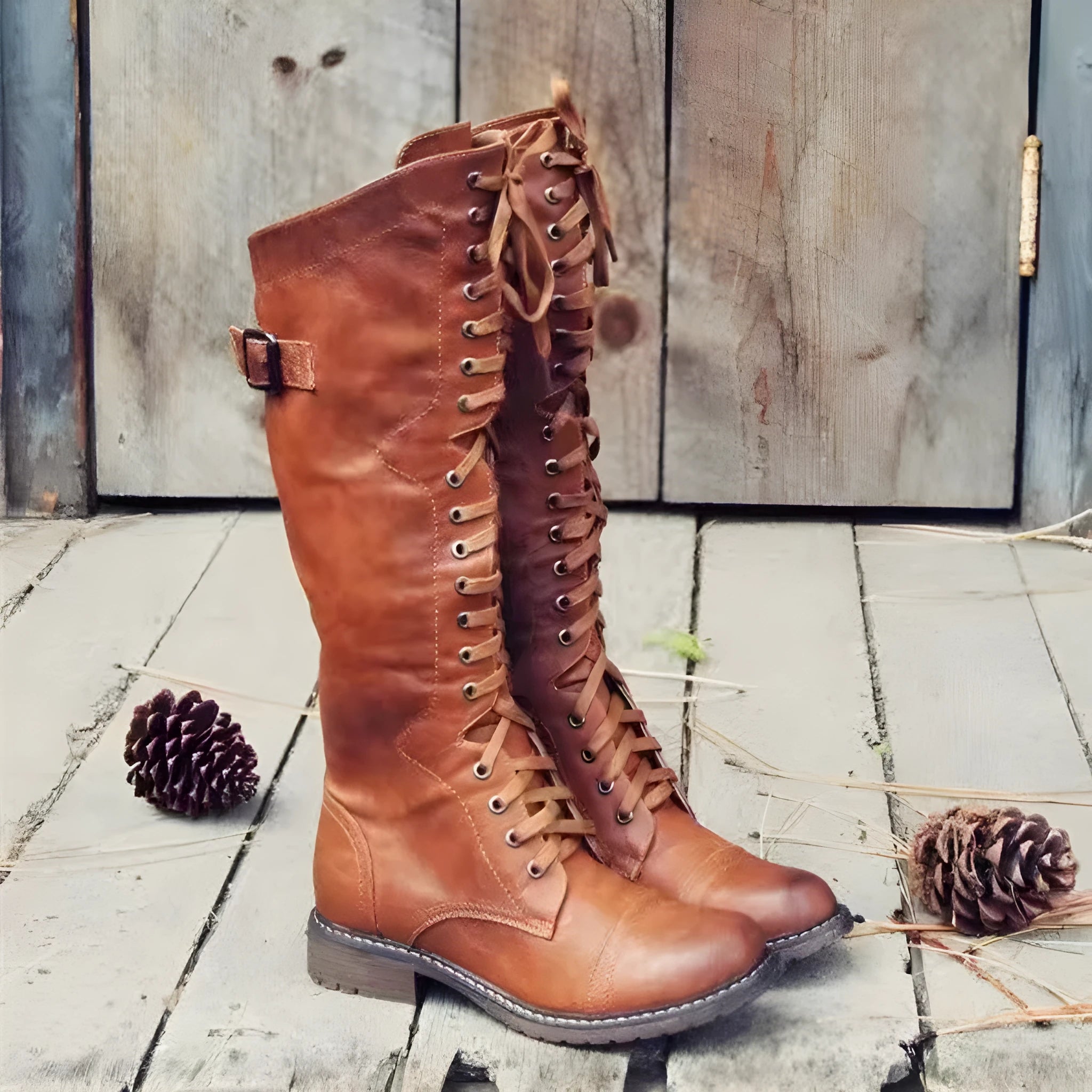 Women's black high leg boots with a chunky low heel and round toe on a solid background.