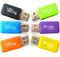 Small silver mini USB card reader with a MicroSD TF card slot for connecting to a computer.