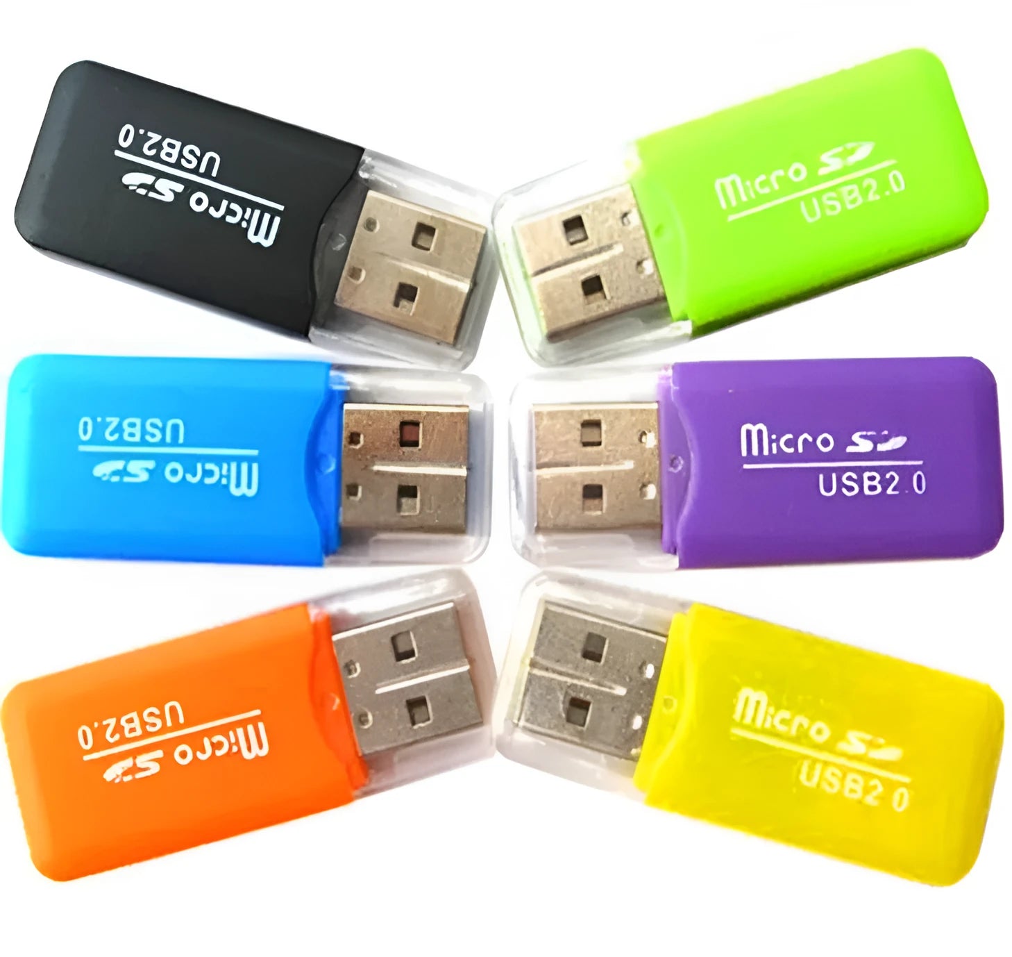 Small silver mini USB card reader with a MicroSD TF card slot for connecting to a computer.