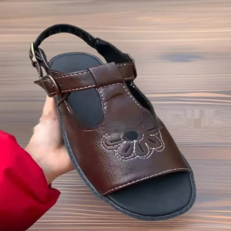 Men's black embroidered flower pattern beach sandals with PU upper and flat heel