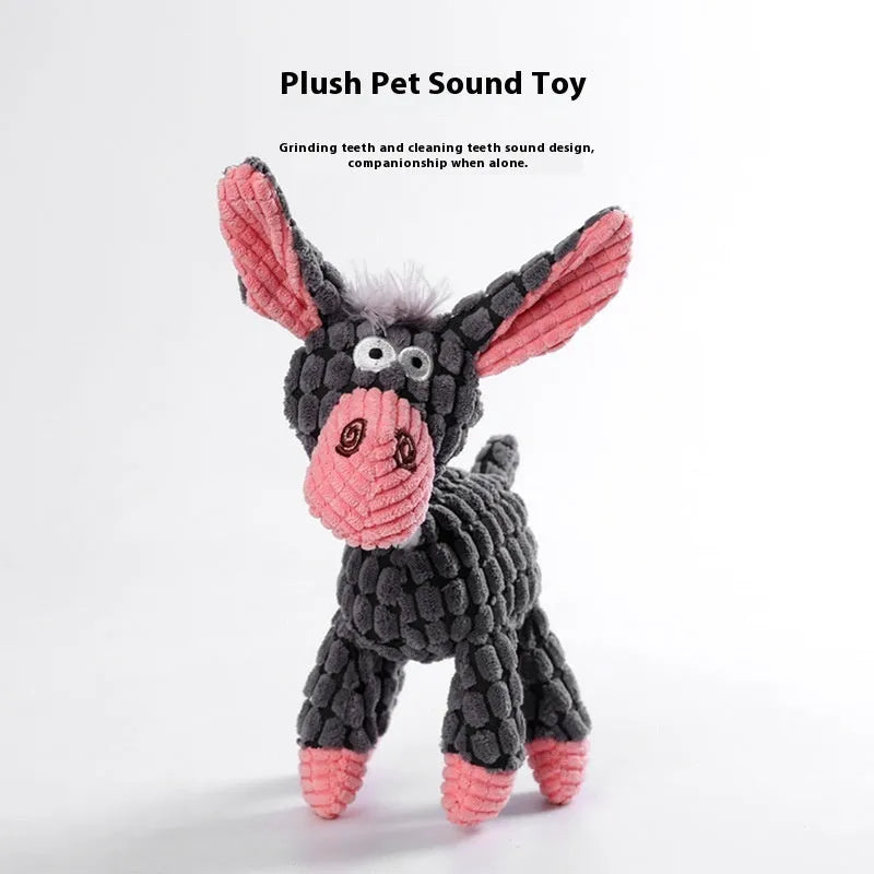 A selection of plush puppy chew toys showing different character styles including a donkey, a rechargeable duck, a blue elephant, a dizzy dog, and a blink elephant.