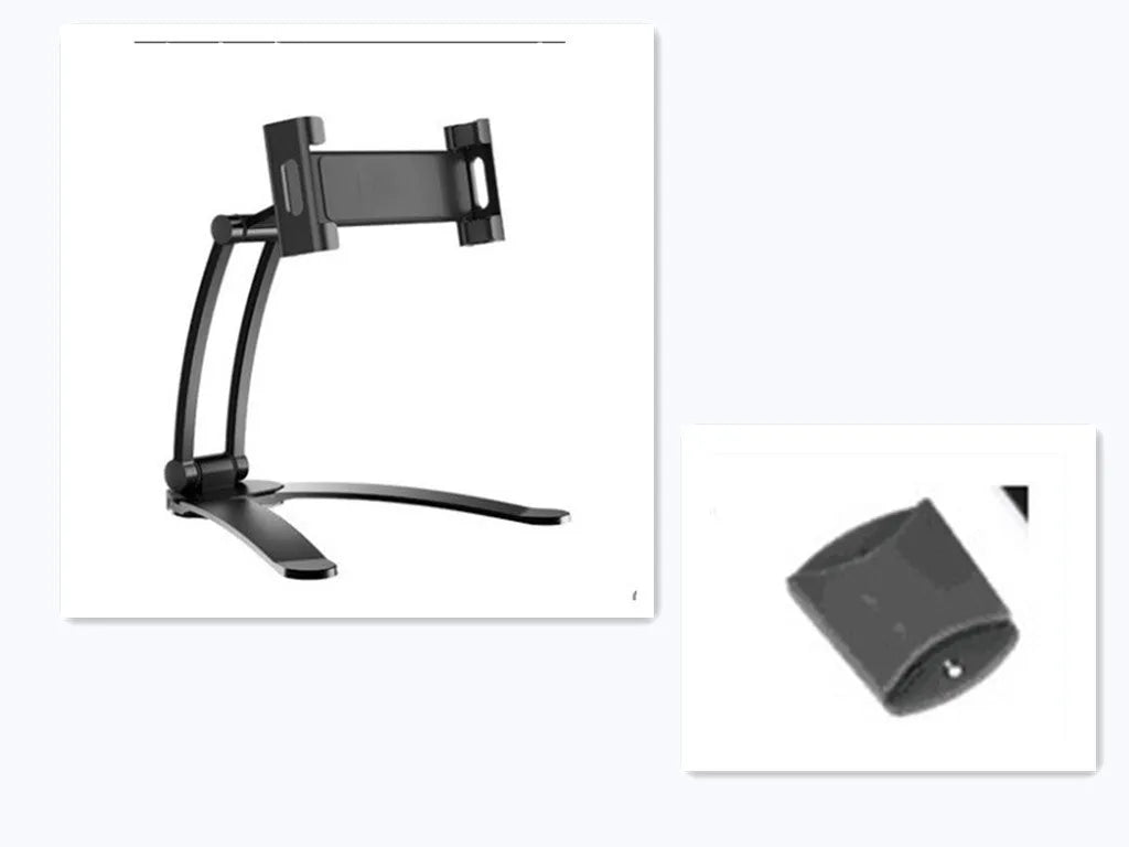 Silver aluminium alloy desktop tablet stand with adjustable white mount holding a tablet