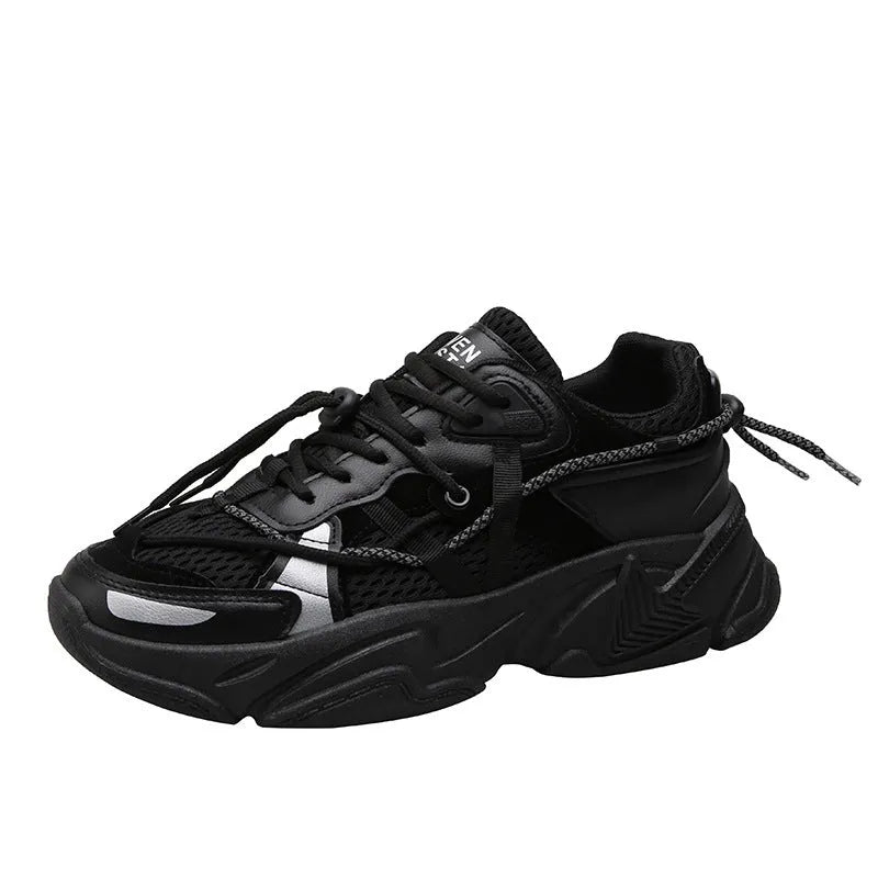 Men's Korean style platform dad shoes in white with mesh lining and lace-up front