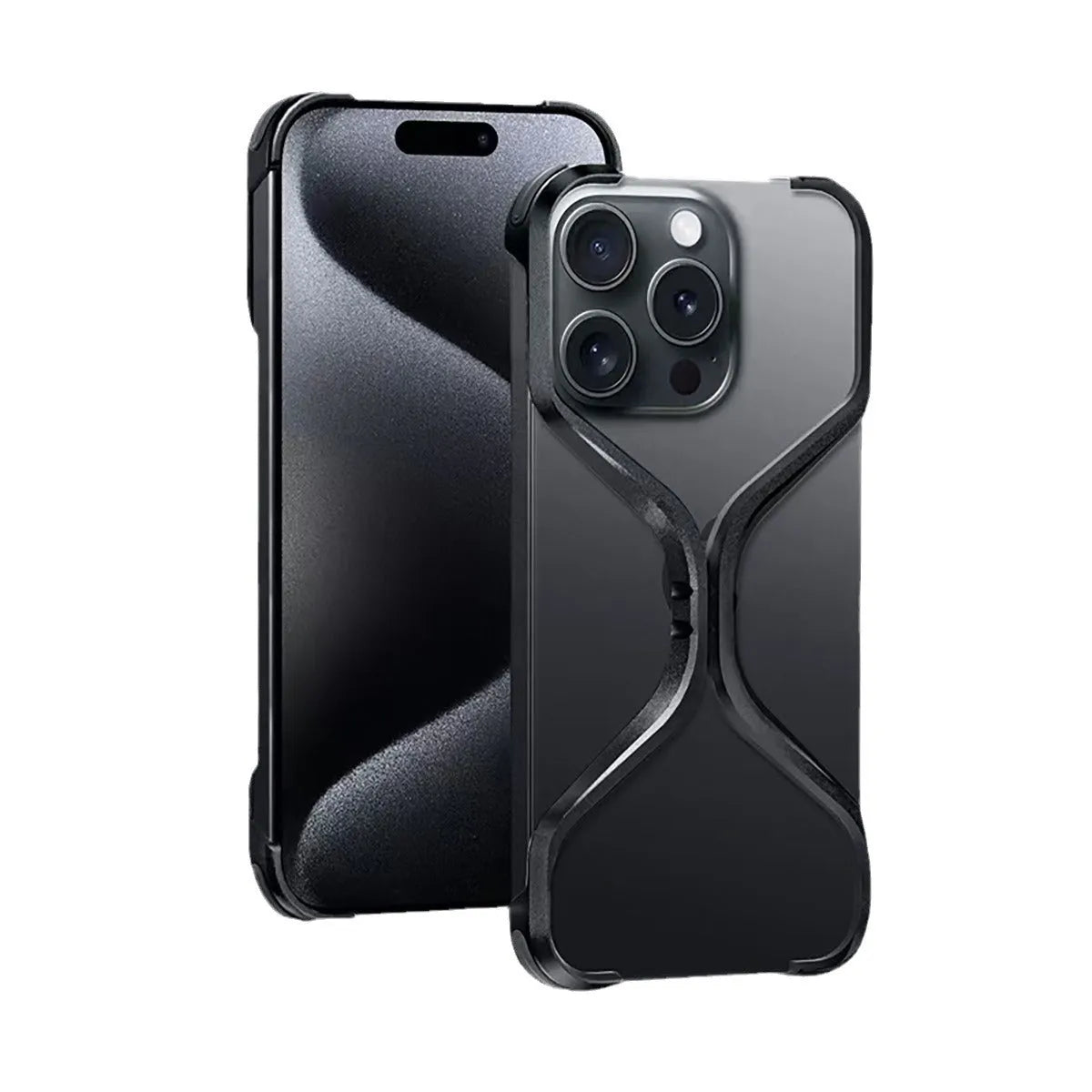 Metal frameless hollow phone case for iPhone with dark gray finish and exposed metal back
