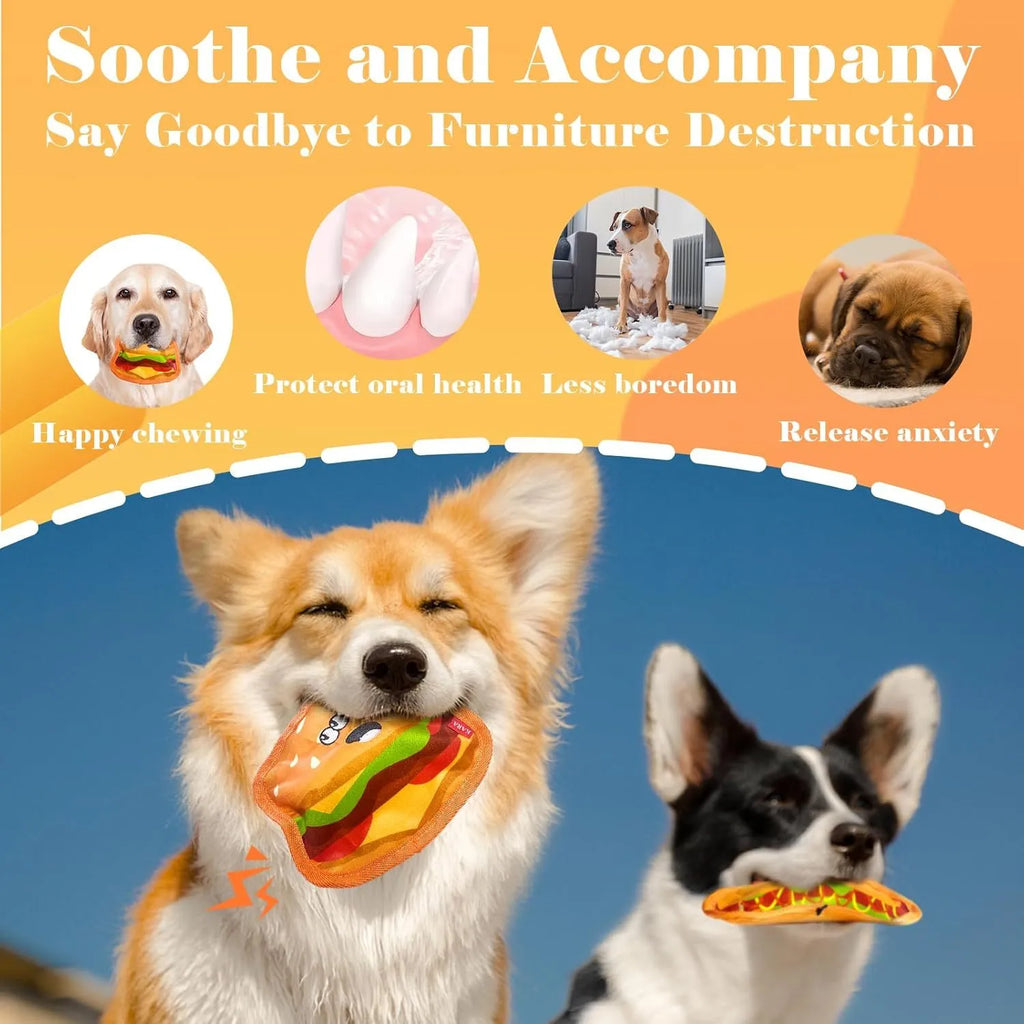 Dual sound crinkle dog chew toy in food shape design with vivid colours for interactive play