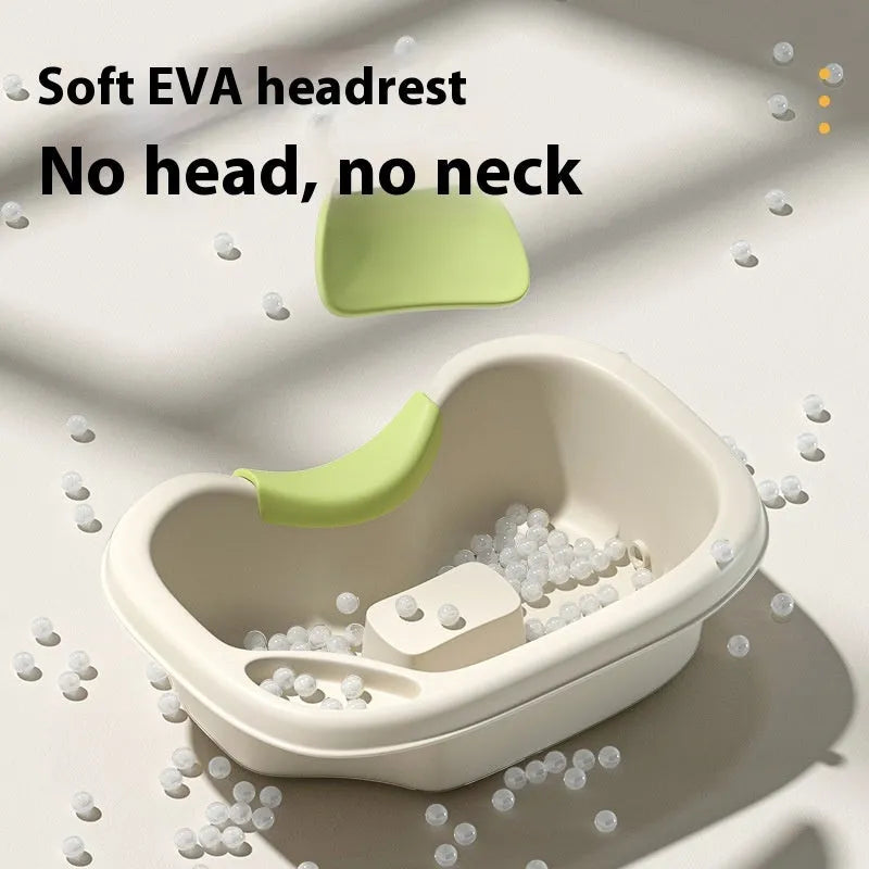 Portable plastic shampoo basin with circulating water pump and neck pillow for washing hair while lying in bed