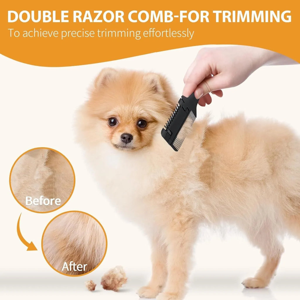 A razor comb for grooming dogs and cats with a comb and trimmer blade, includes 10 replacement blades.