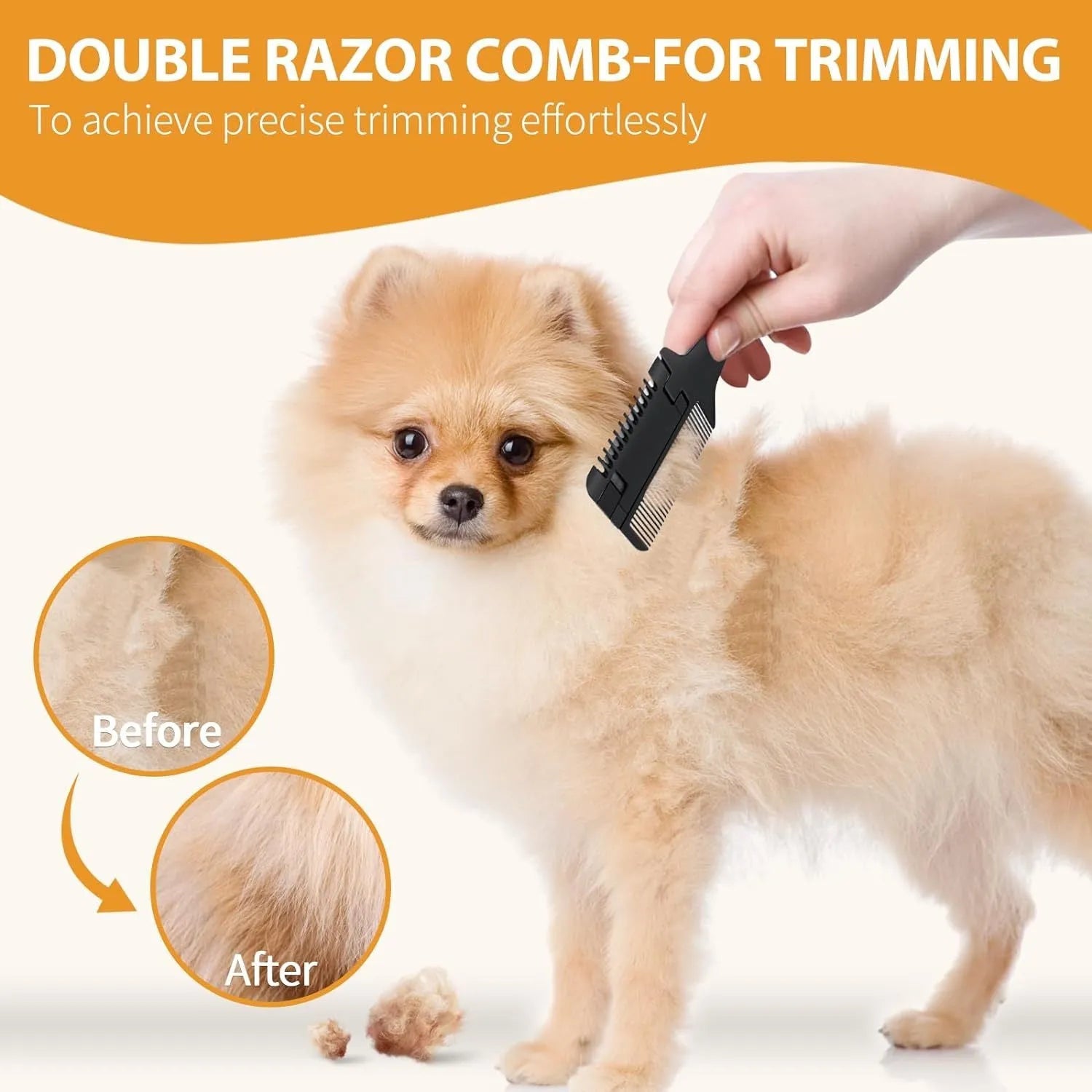 A razor comb for grooming dogs and cats with a comb and trimmer blade, includes 10 replacement blades.