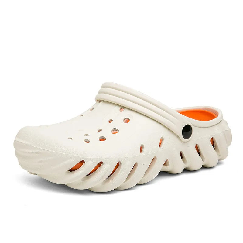 Men's beige EVA sandals with hollow-out design and round toe, shown on a non-slip sole.