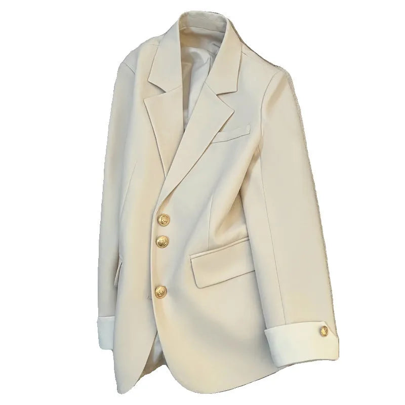 Women's Korean style loose fit mid-length polyester coat in milky white colour with long sleeves and pockets