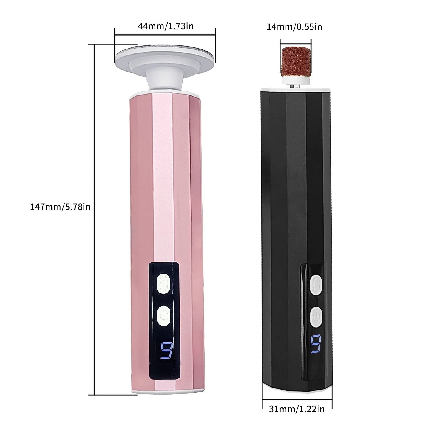 USB rechargeable electric foot file and callus remover with sandpaper wheels in pink, black, and purple colours.