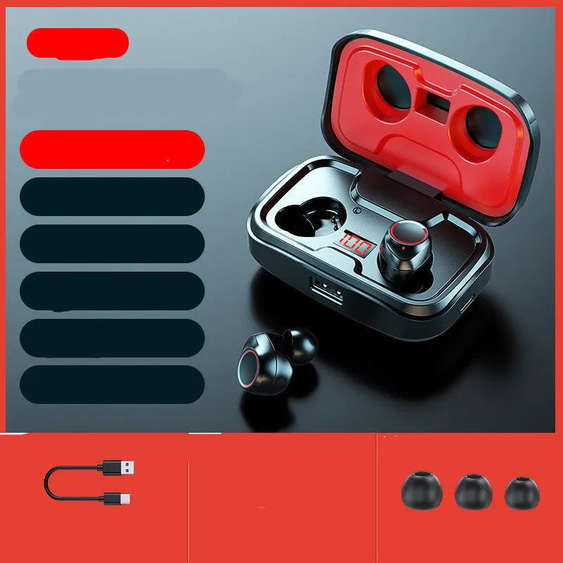 Black wireless in-ear earphones with Bluetooth 5.0 showing bilateral earpieces