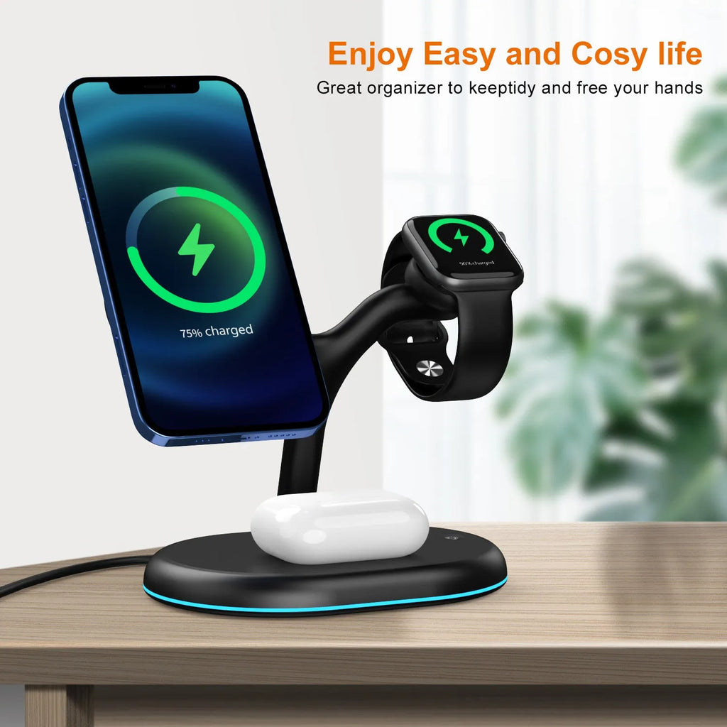 Black three-in-one magnetic wireless charger for mobile phones and earbuds on a table.