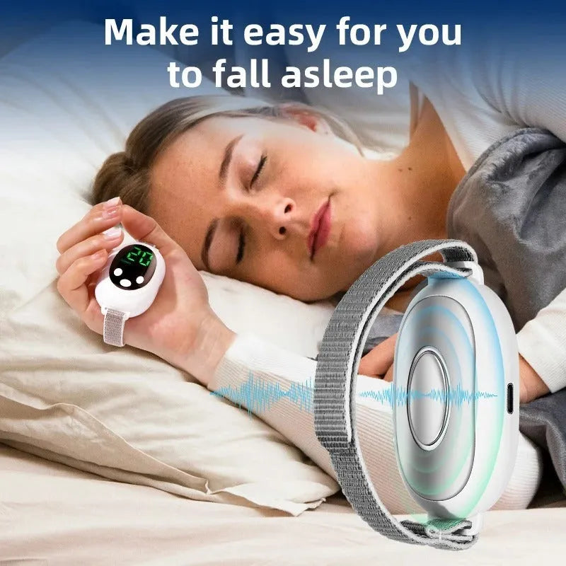 White sleep aid device with remote control and adjustable intensity settings including sleep bracelet