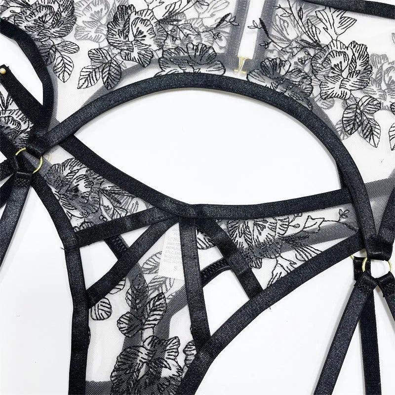 Black lace mesh women's three-piece set with floral print, showing top, trousers, and waist ring.