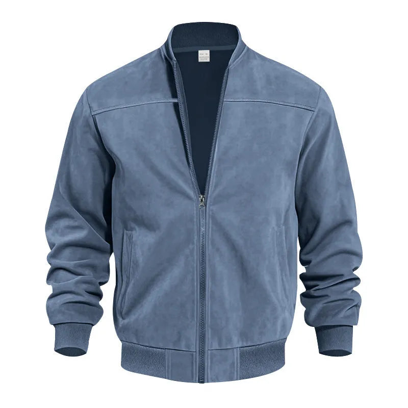 Men's plus size suede zip-up jacket in Army Green colour on a hanger.