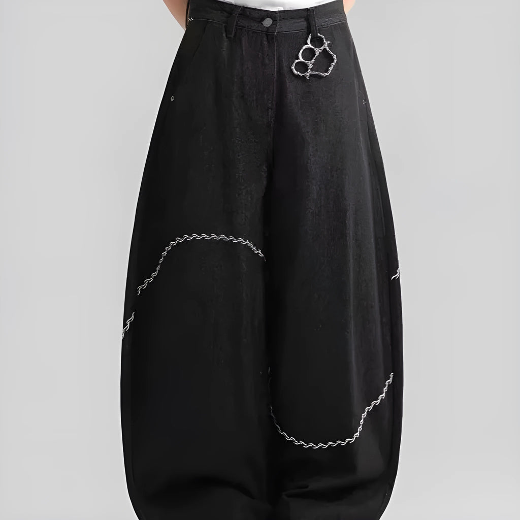 Black straight-leg denim trousers with mid-waist design and zip fly closure