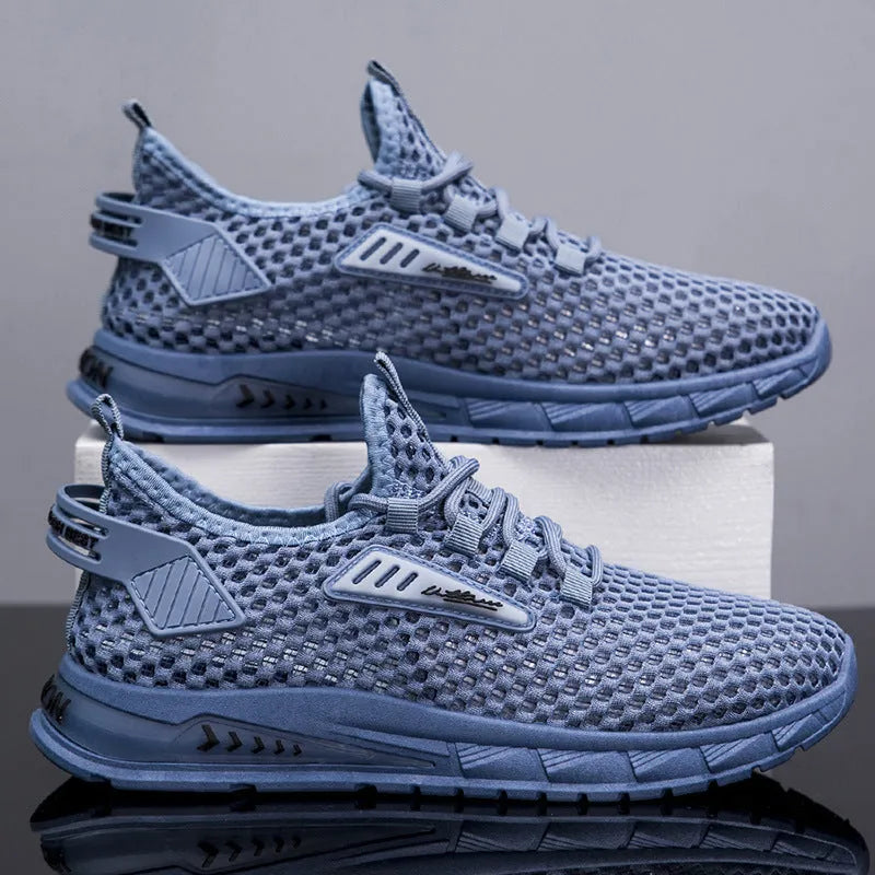 Men's mesh sneakers in beige with synthetic leather upper and lace-up design
