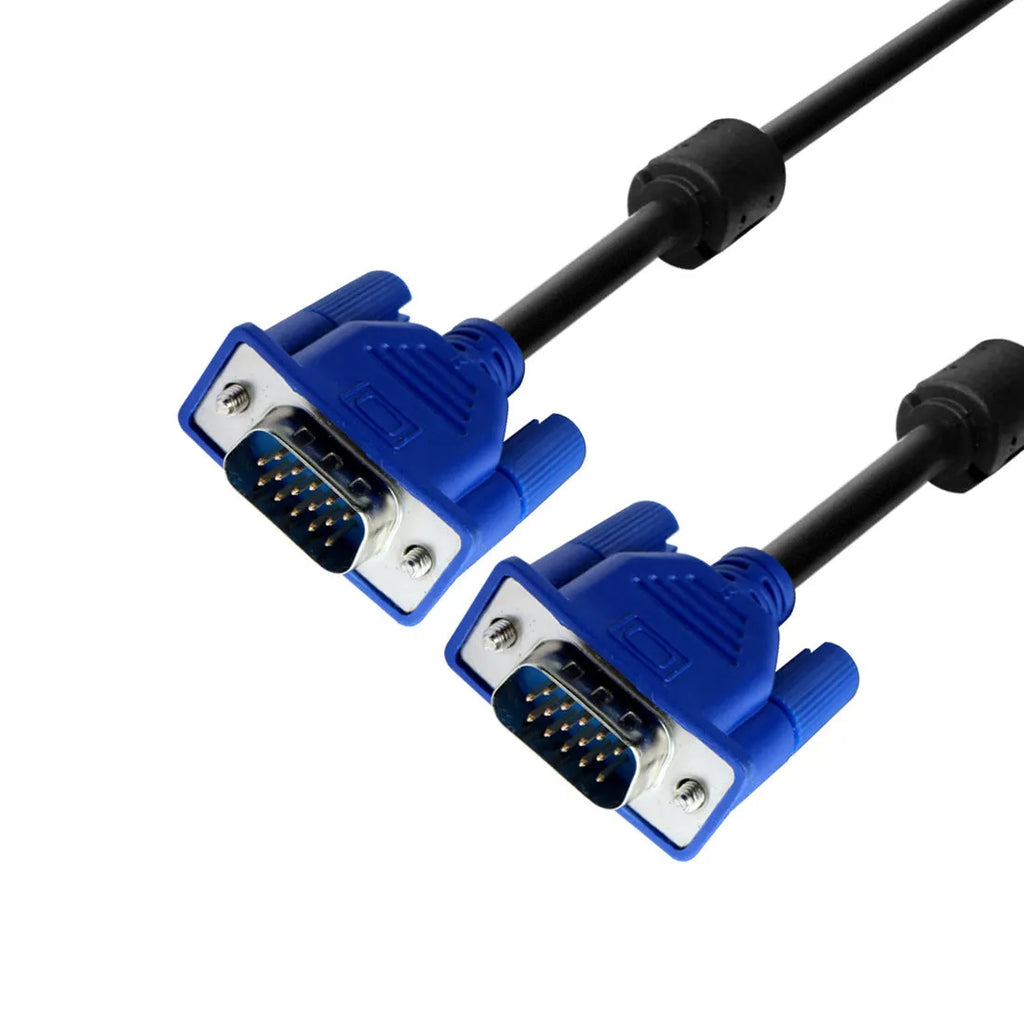 Black VGA cable with blue connectors and nickel-plated terminals measuring 1.5 metres for computer to monitor connection