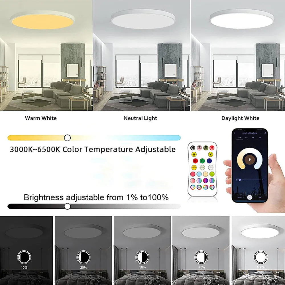 Modern round Bluetooth RGBCW ceiling panel light with remote control, shown in a white finish on a ceiling.
