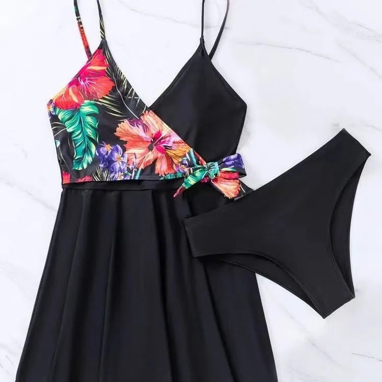 Black women's high waist printed bikini briefs for sports and swimming