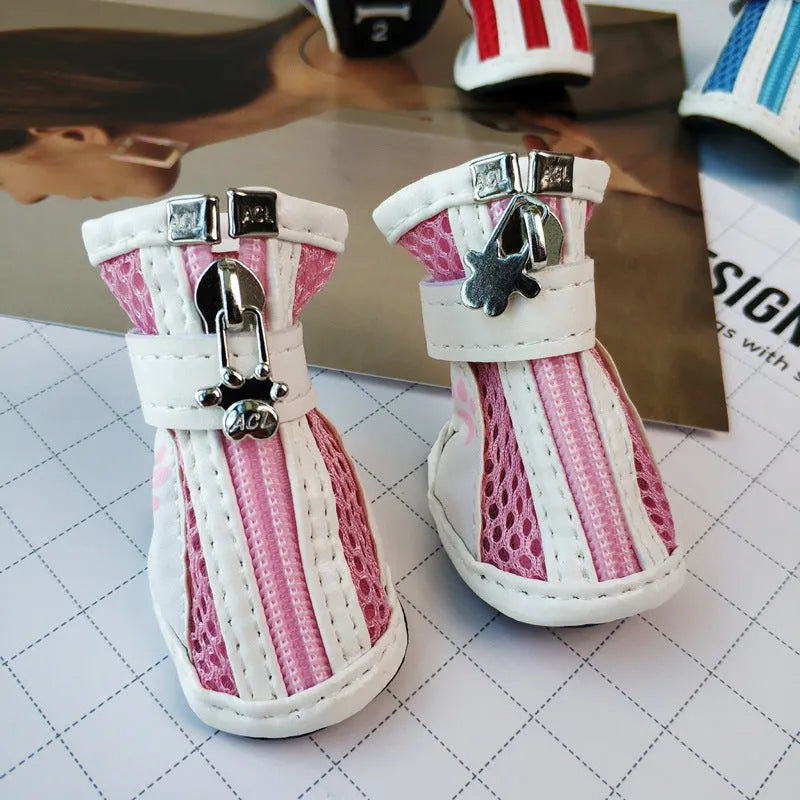 Blue VIP zipper closure dog shoes with non-slip soles for small pets like Teddy dogs.