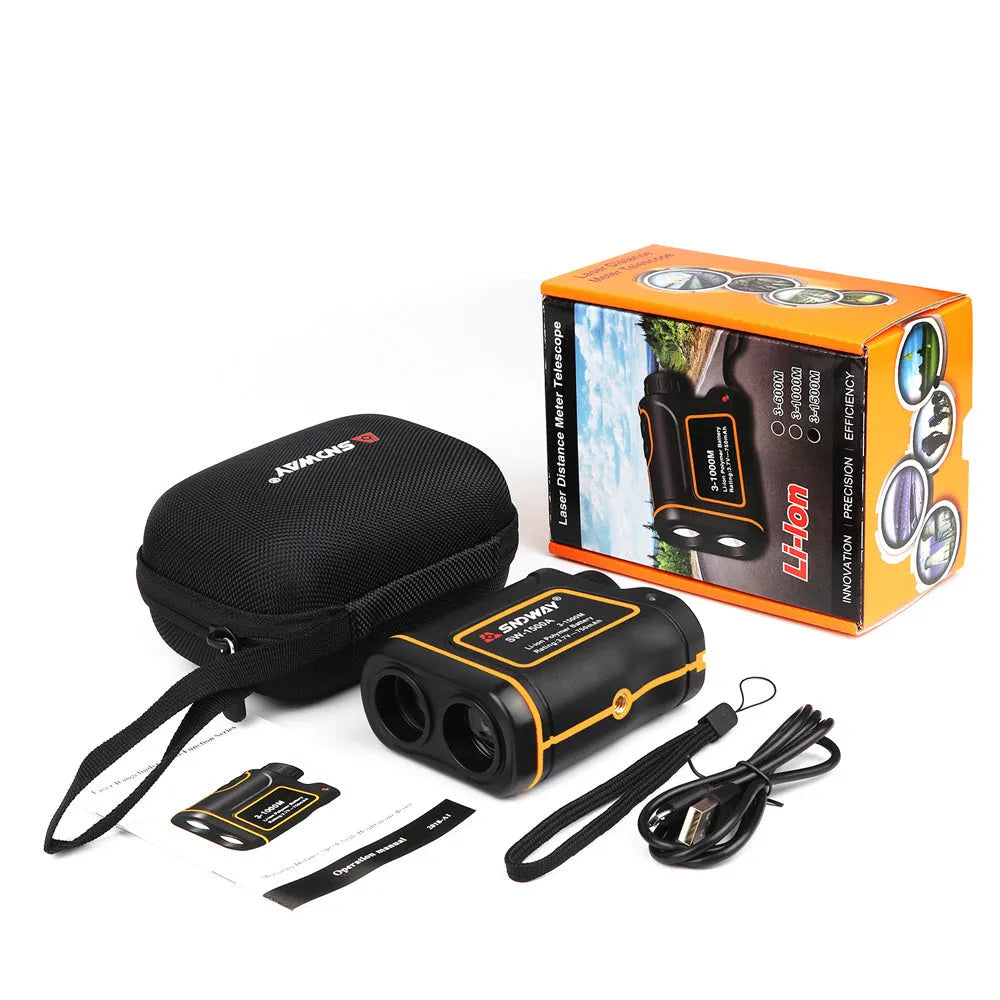 Compact black handheld golf laser rangefinder with display screen for measuring distance and slope.