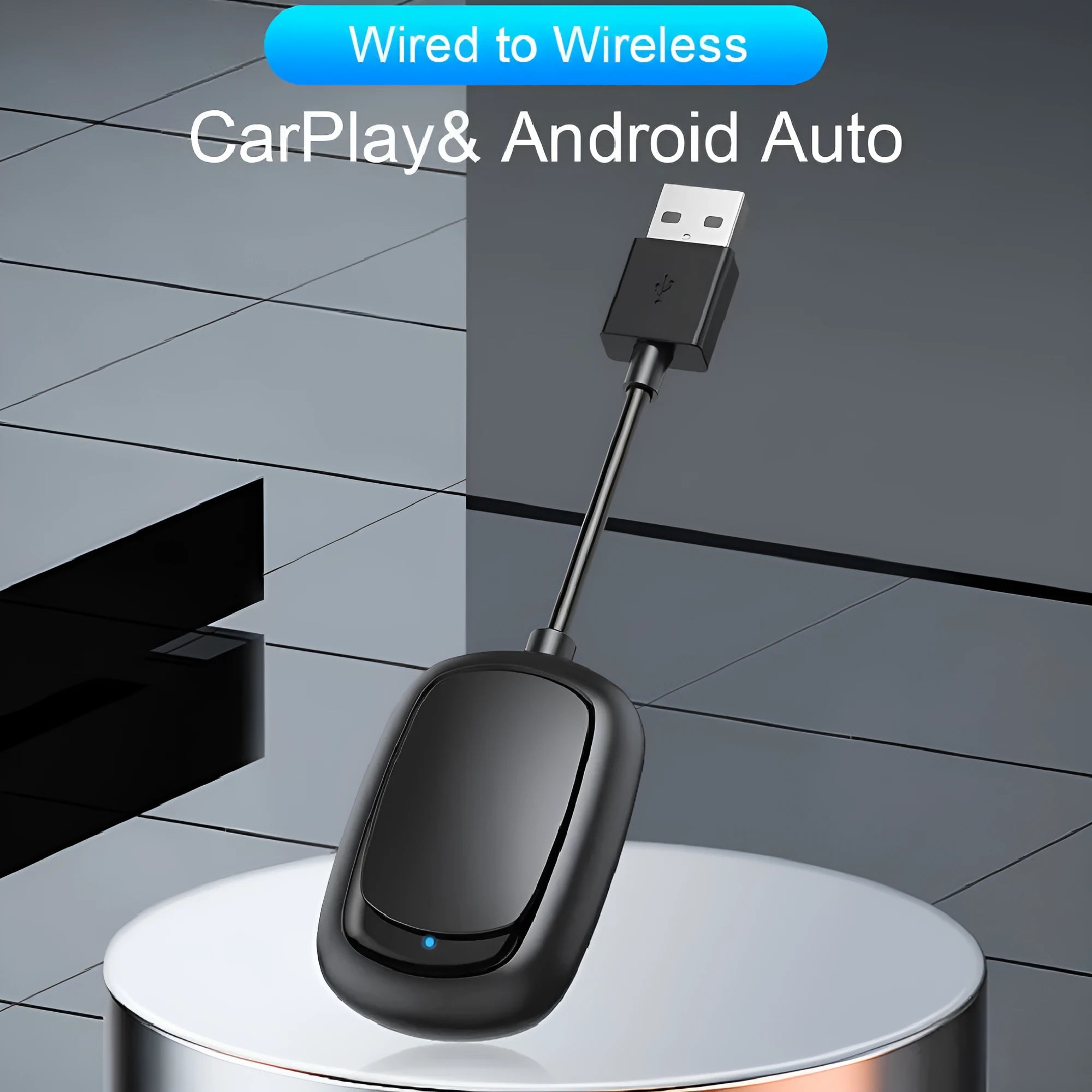 Wireless CarPlay and Android Auto 2-in-1 USB adapter box for car dashboard.