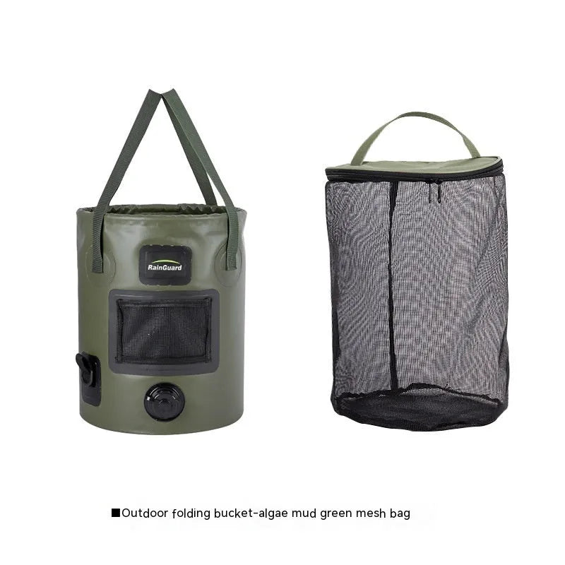 Lemon yellow folding plastic fishing bucket with a 25L capacity, shown next to a coral coloured version with a built-in mesh net pocket.