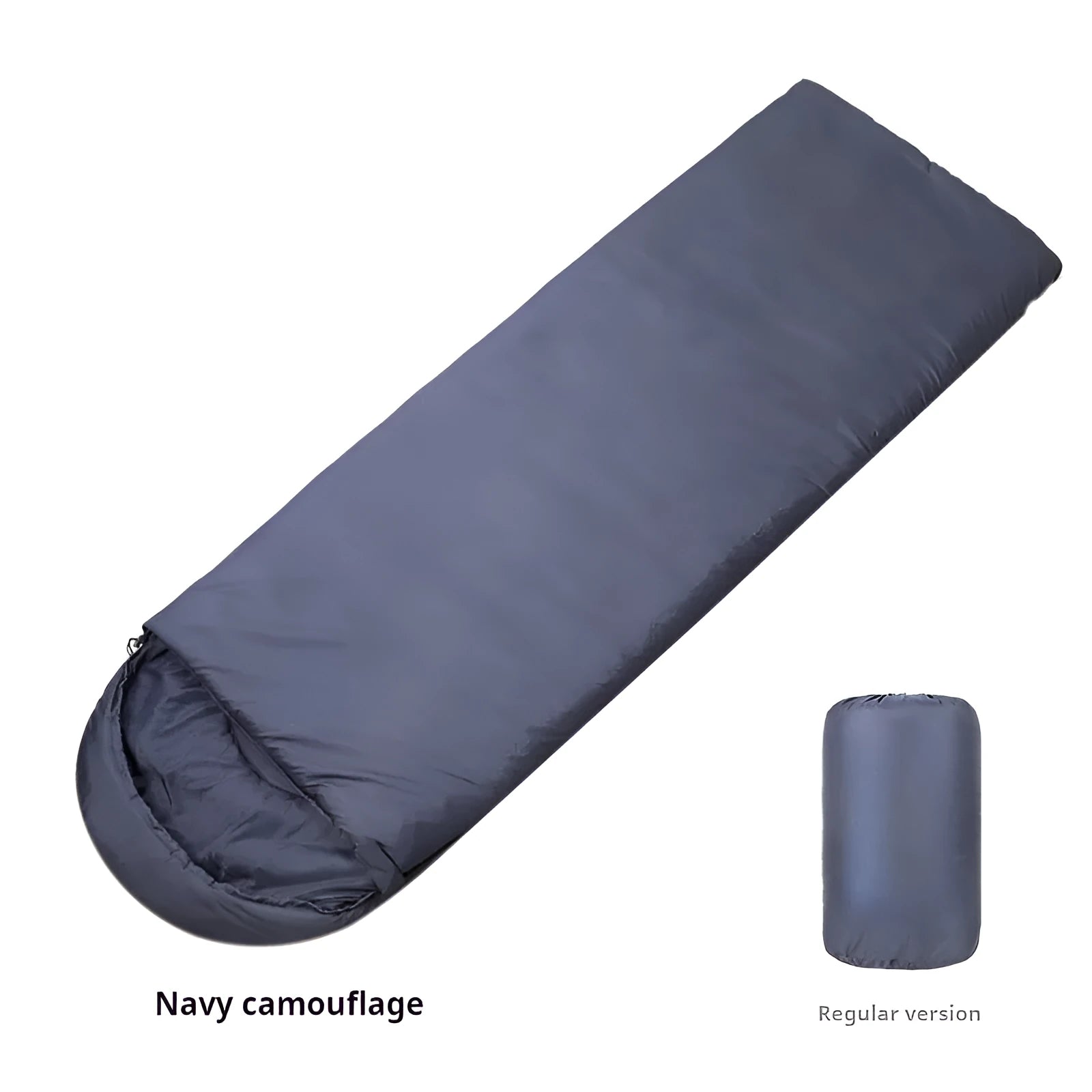 Navy blue envelope-style adult camping sleeping bag with polyester fabric and hollow cotton filling
