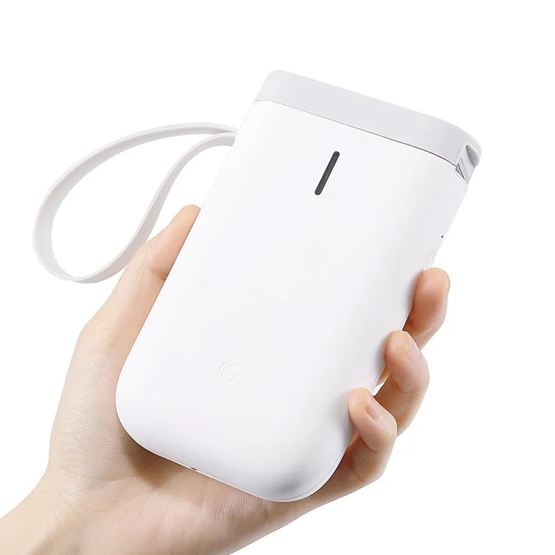 D11 Bluetooth thermal label printer in various colours, shown next to a mobile phone displaying the label design app.
