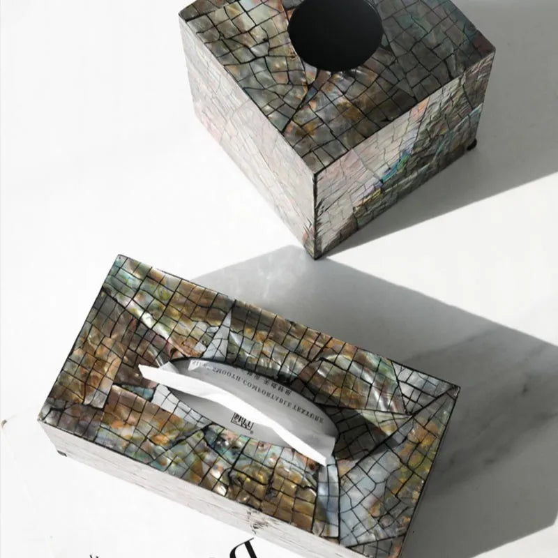 Natural shell tissue box storage in black with modern minimalist design, showing rectangular and square options