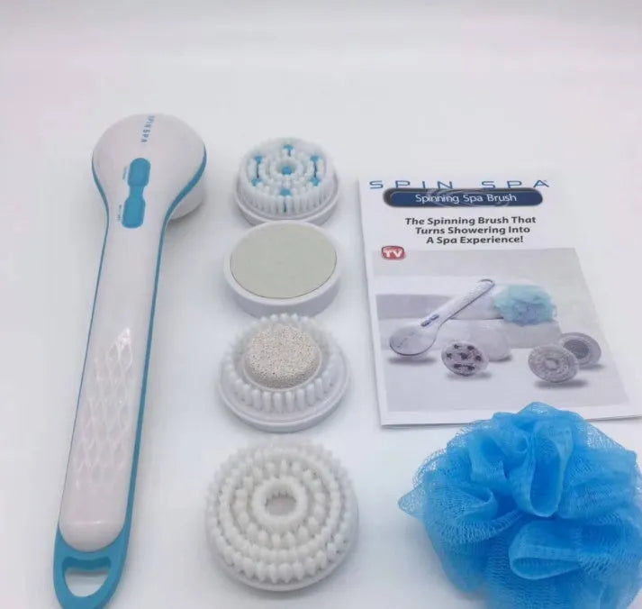 White and grey electric spin spa brush with ergonomic handle on bathroom tile surface