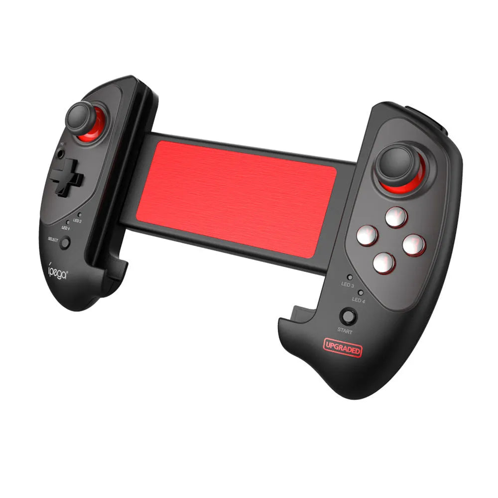 Red telescopic Bluetooth gamepad controller extended to hold a smartphone, with USB cable.