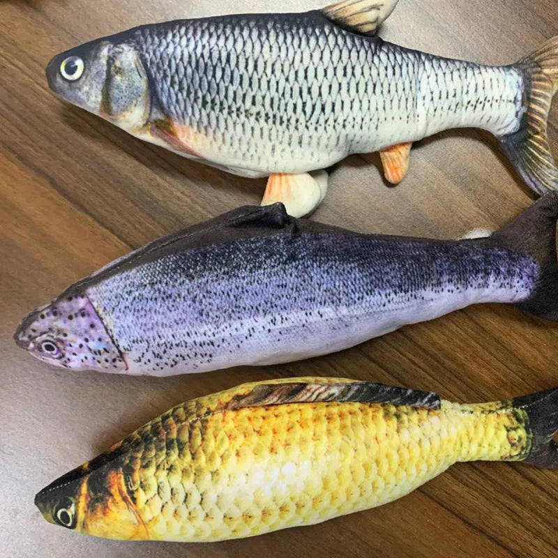 A multicolour electronic jumping fish cat toy measuring 30cm long with a USB charging cable.