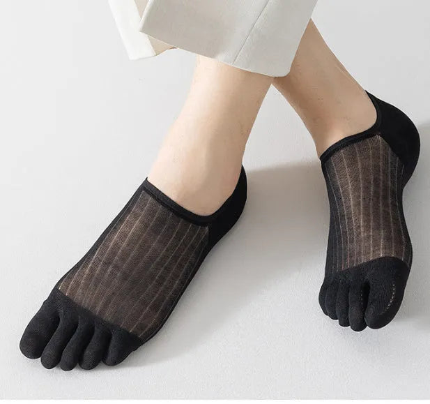 Ultra-thin modal cotton five-finger boat socks in black, shown flat
