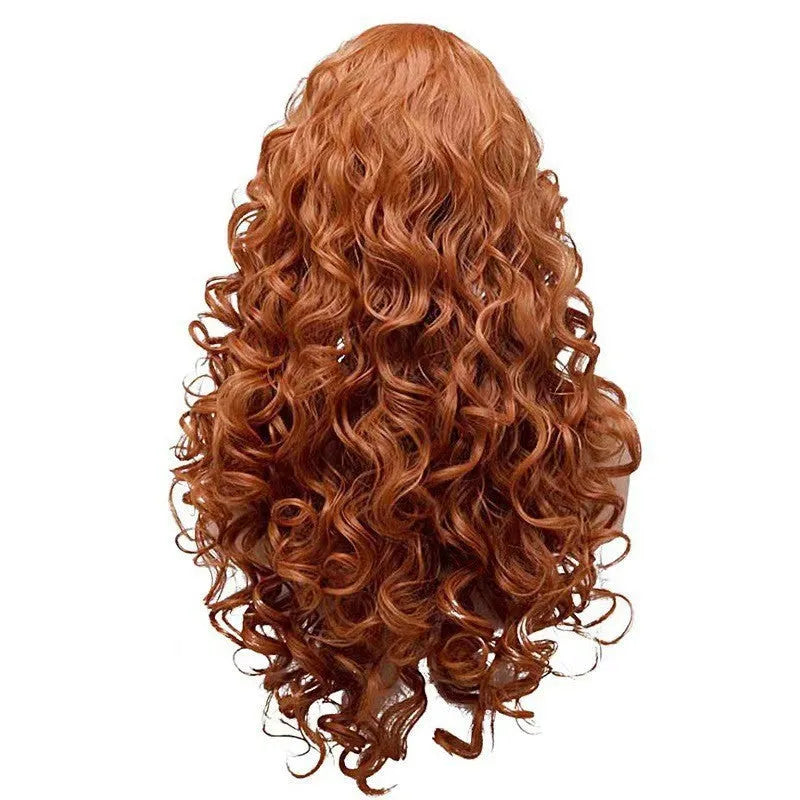 Brown long curly cosplay wig with wavy texture on wig head