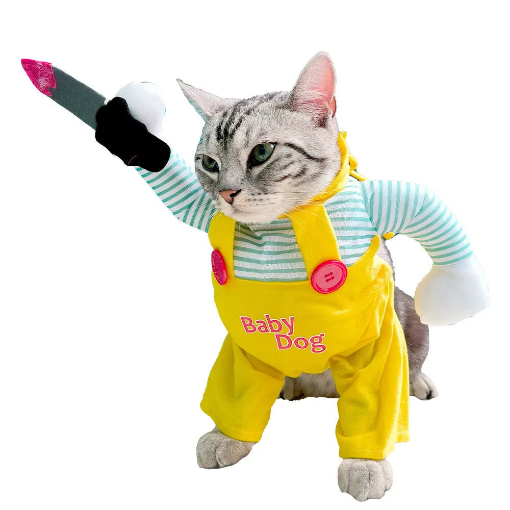 Yellow knife assassin costume for cats with B02405 sword design in polyester fabric