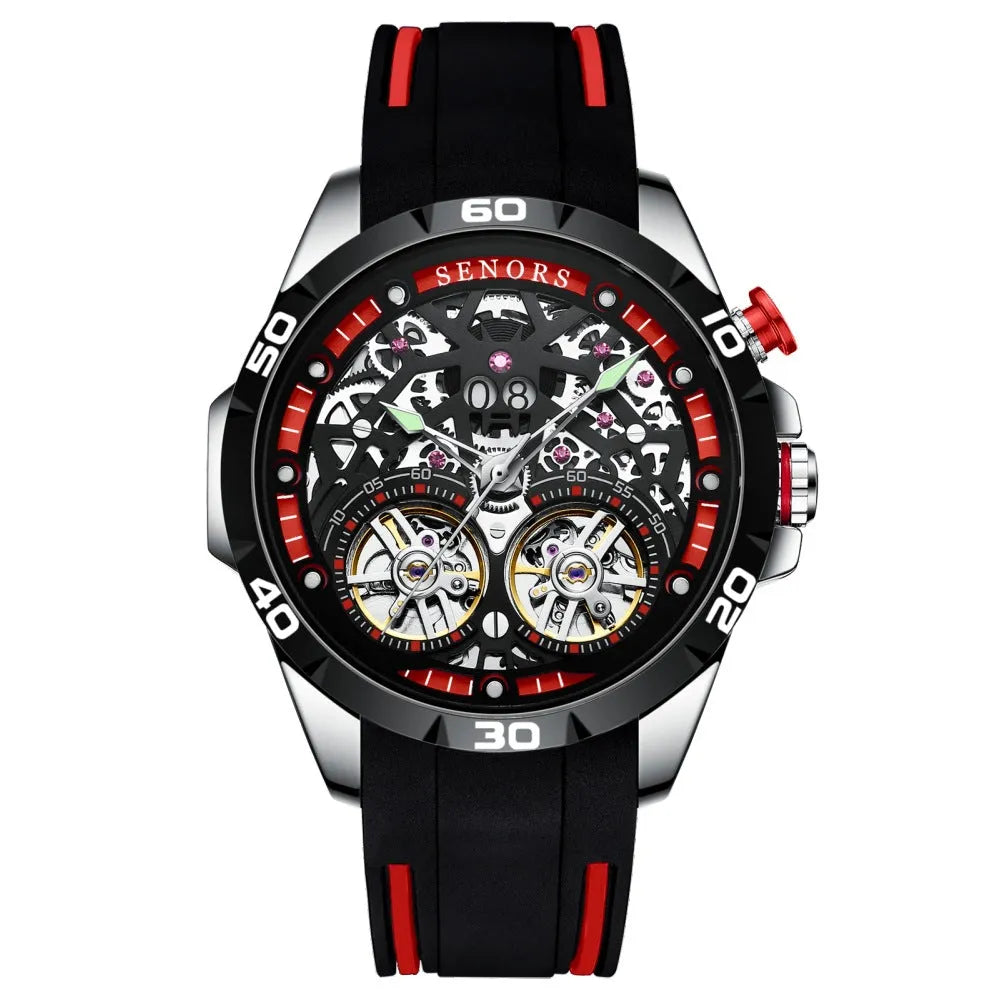 Automatic mechanical men's watch with skeleton dial showing internal movement, luminous hands, in blue or red colour